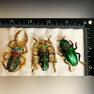 Lot of 3 Vintage Style Green Gold Tone Beetle Brooches Enamel Rhinestone Bug